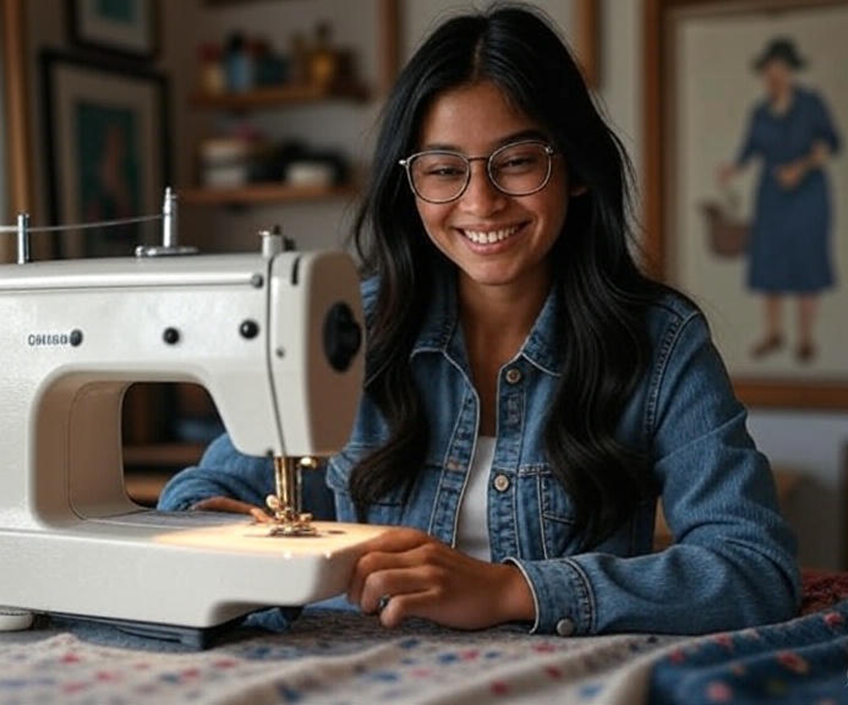 A designer transforming old denim jeans into a stylish denim jacket on a sewing machine