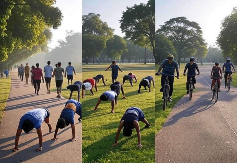 running, cycling, pushups