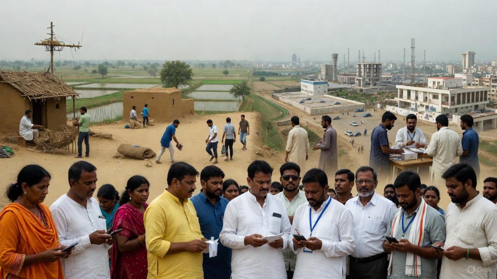 men and women check names in voter list in bihar