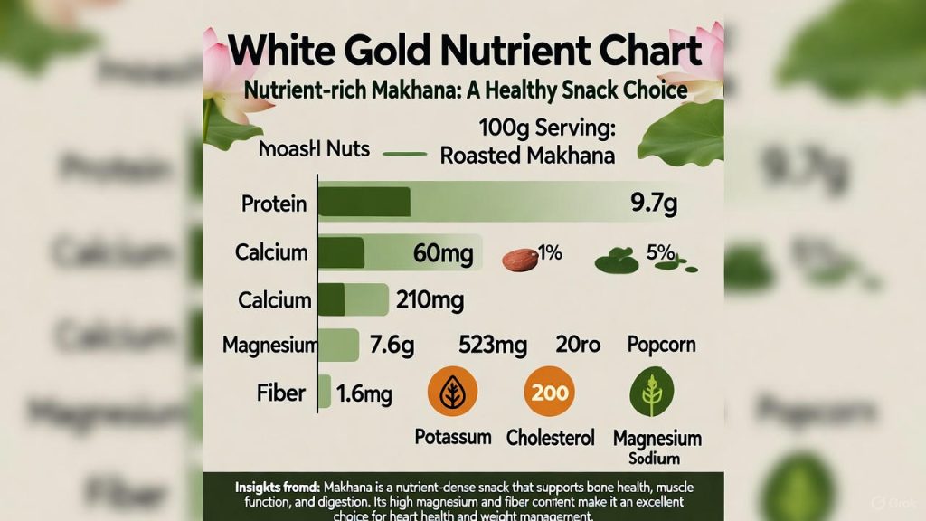 Nutrition chart highlighting high protein, calcium, and fiber in fox nuts