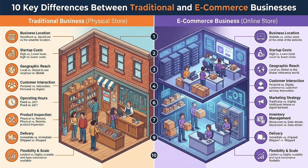 Difference Between traditional and e-commerce business
